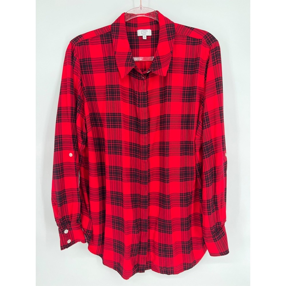 Crown & Ivy Plaid Flannel Shirt Roll Tab Long Sleeve Top Red‎ Black 2X